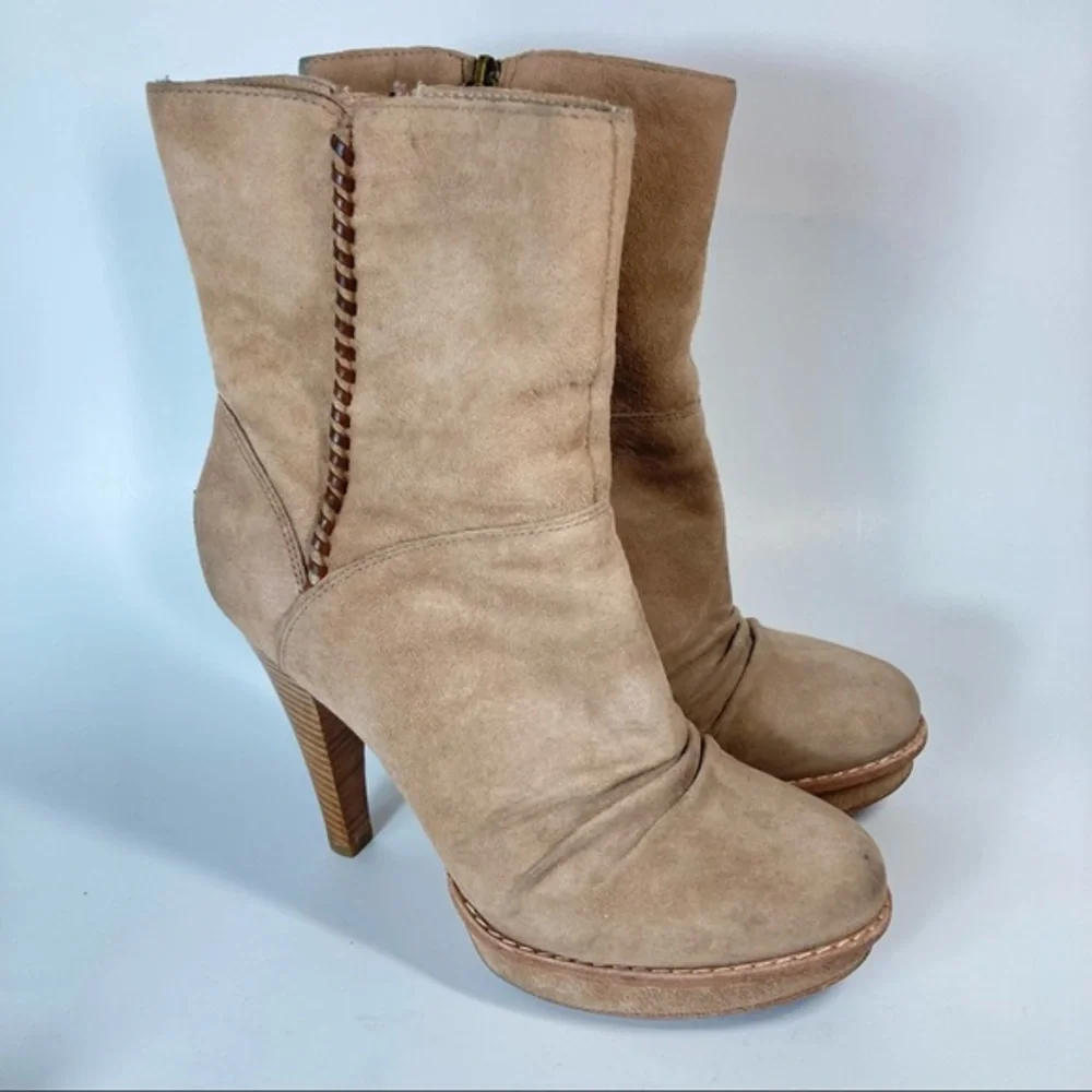 UGG Women's Bianka Sand Suede Heeled Platform Stiletto Boots Size 9.5